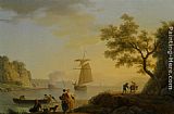 Extensive Canvas Paintings - An Extensive Coastal Landscape with Fishermen Unloading their Boats and Figures Conversing in the Foreground